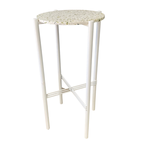 green terrazzo cocktail table with white legs
