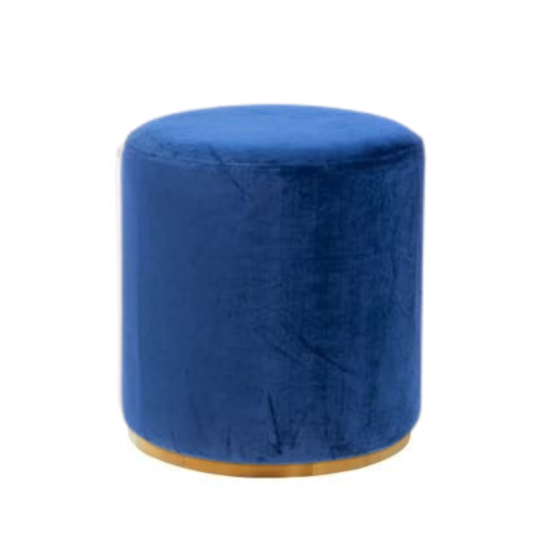 navy blue velvet ottoman stool with a gold brim bottom