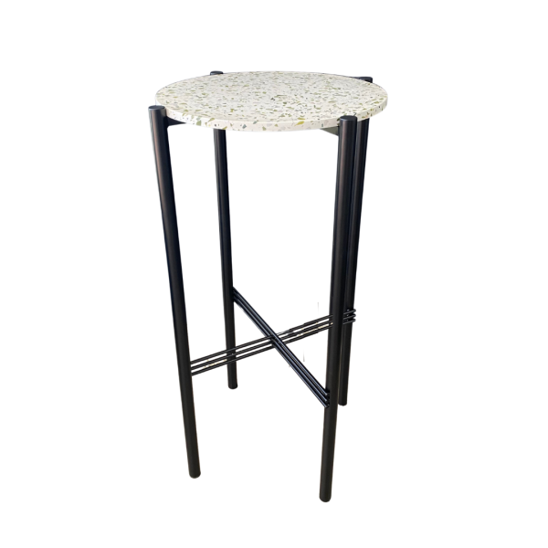 green terrazzo cocktail table with black frame