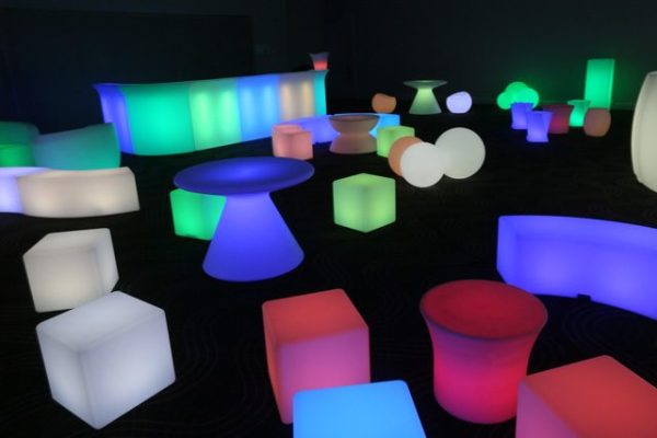 glow themed party with a variety of glow furniture