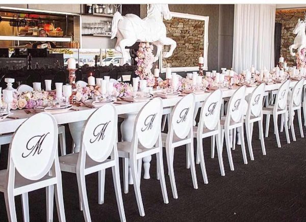 bridal shower with white victorian chair and white & pink floral decorations