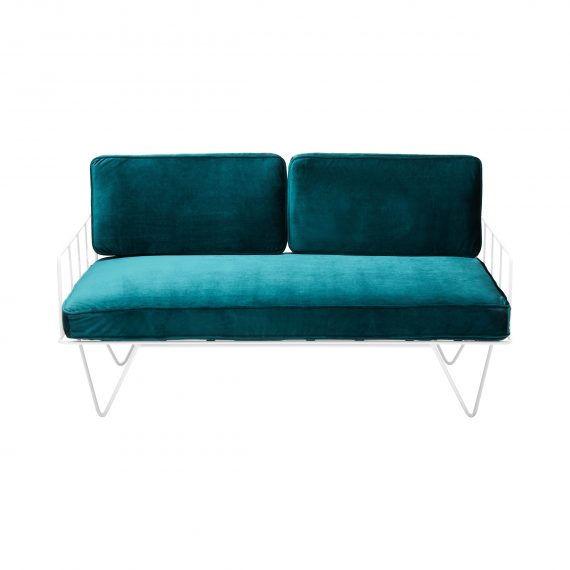white wire sofa lounge with emerald green velvet cushions