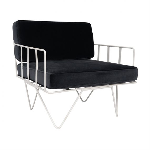 white wire arm chair with black velvet cushions