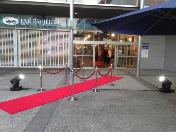 red carpet and bollard barriers outside far pavilions