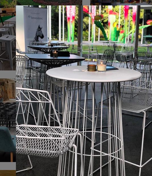 function with white wire stools and cocktail tables